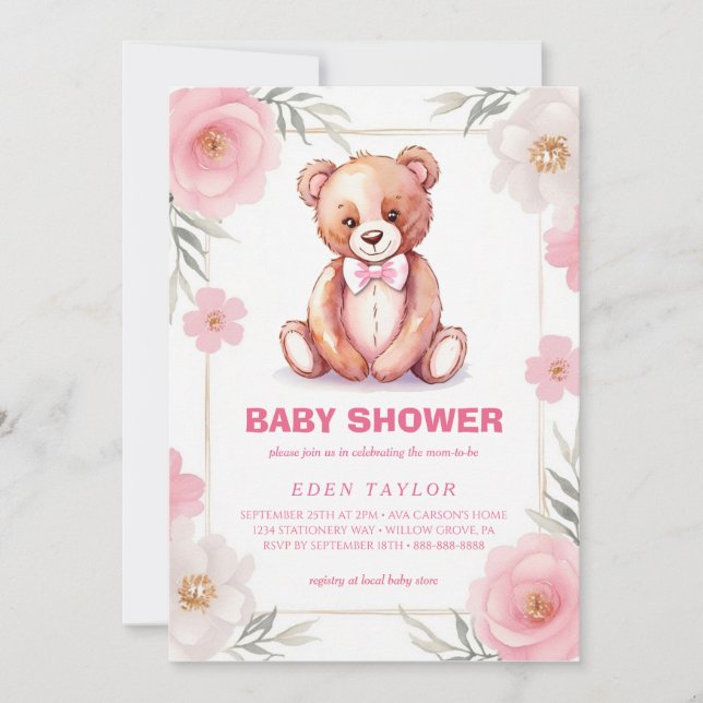Invitación Delicado oso acuático con una ducha de bebé arco (Anverso)