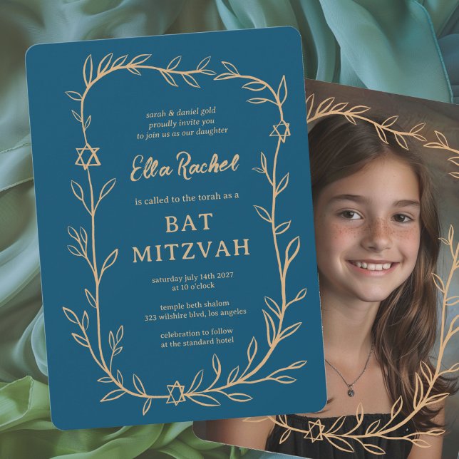 Invitación Delicado PERSONALIZADO botánico bar FOTO Bat Mitzv (Delicate Botanical CUSTOM PHOTO Bar Bat Mitzvah Girl Modern Invitation
)