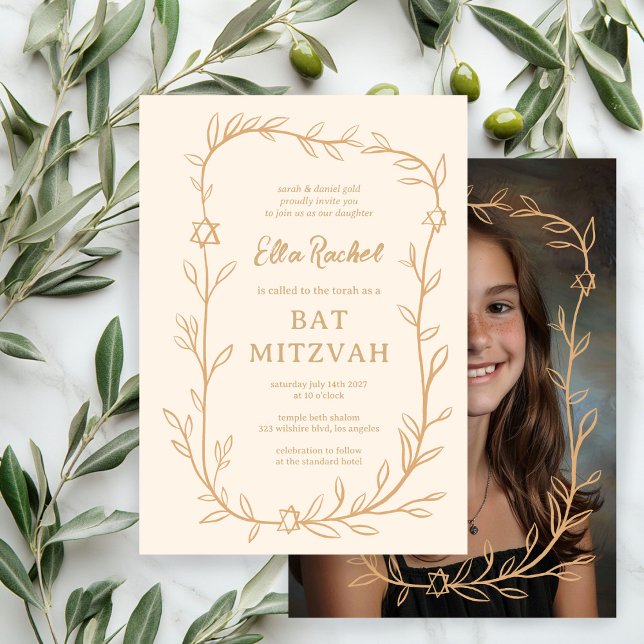 Invitación Delicado PERSONALIZADO botánico bar FOTO Bat Mitzv (Delicate Botanical CUSTOM PHOTO Bar Bat Mitzvah Invitation
)