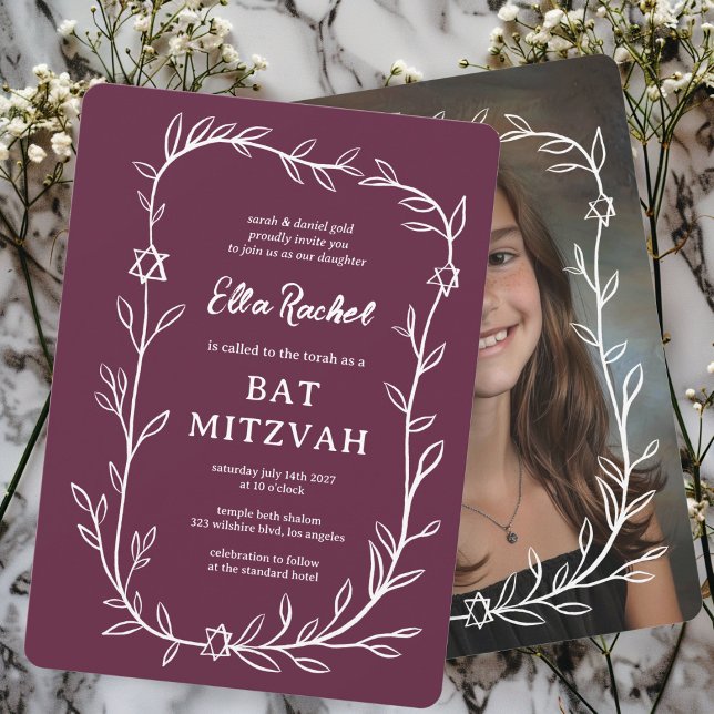 Invitación Delicado PERSONALIZADO botánico bar FOTO Bat Mitzv (Delicate Botanical CUSTOM PHOTO Bar Bat Mitzvah Invitation Purple White Hand Drawn Leafy Trendy
)