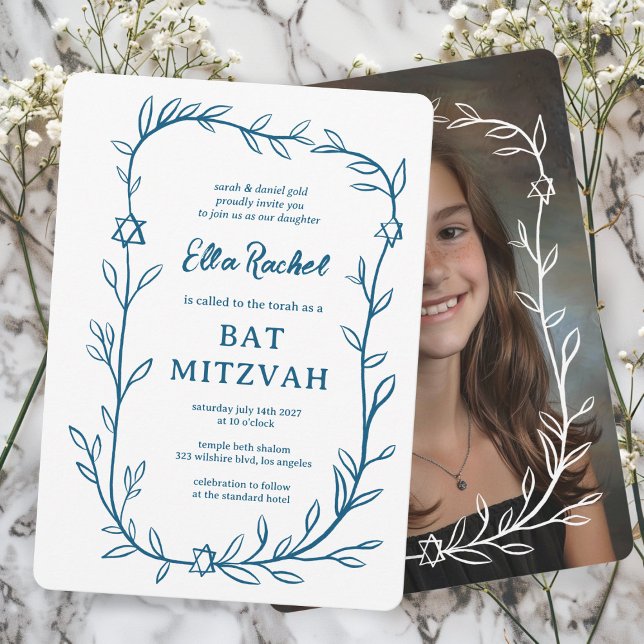 Invitación Delicado PERSONALIZADO botánico bar FOTO Bat Mitzv (Delicate Botanical Leafy Frame Star of David CUSTOM PHOTO Bar Bat Mitzvah Invitation Elegant Trendy)