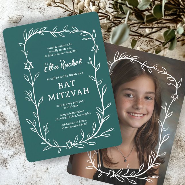 Invitación Delicado PERSONALIZADO botánico bar FOTO Bat Mitzv (Delicate Botanical CUSTOM PHOTO Bar Bat Mitzvah Invitation
)