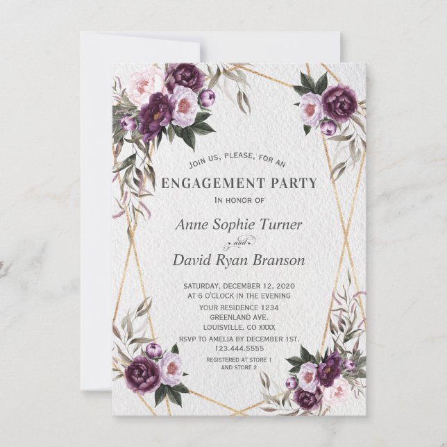 Invitación Delicado Purple Pink Peony Flowers Gold Engagement (Anverso)