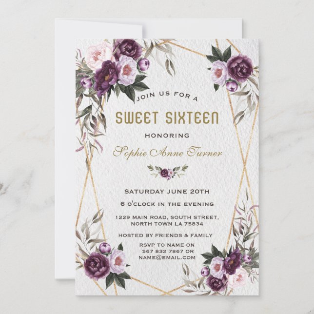 Invitación Delicado Purple Pink Peony Flowers Gold Sweet 16 (Anverso)