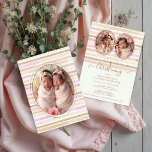 Invitación Delicado Romántico Brillo Rayas Gemelas Bautistas