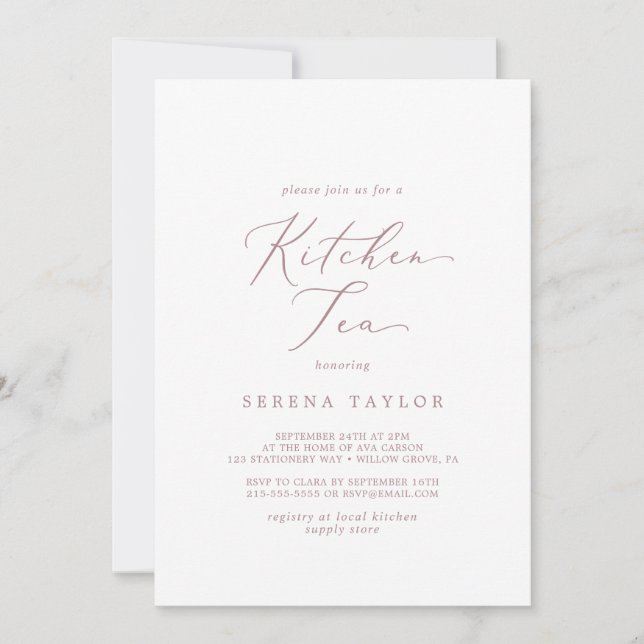 Invitación Delicado Rosa Gold Calligraphy Kitchen Tea (Anverso)