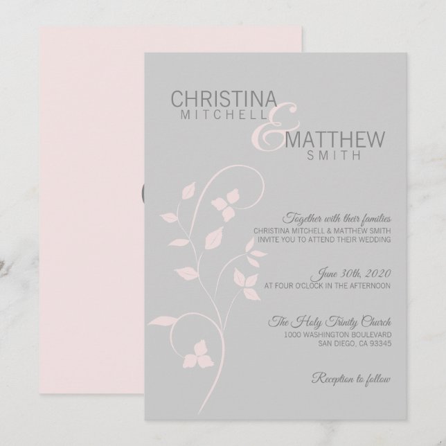 Invitación Delicado Rosa rosado y Boda de vino gris de Rubor (Anverso / Reverso)