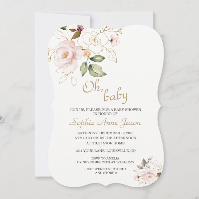 Invitación Delicado Rubor Gold Floral Monograma Baby Shower (Anverso)
