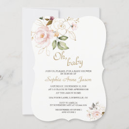 Invitación Delicado Rubor Gold Floral Monograma Baby Shower