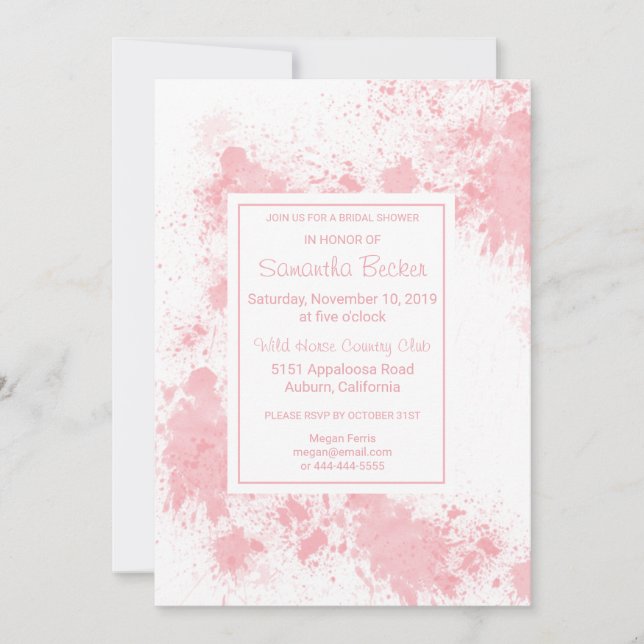 Invitación Delicado Rubor Paint Splatter Bridal Shower (Anverso)