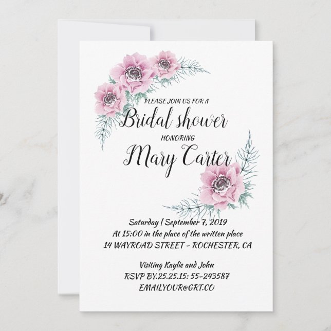 Invitación Delicado wreath floral, anemones rosas (Anverso)