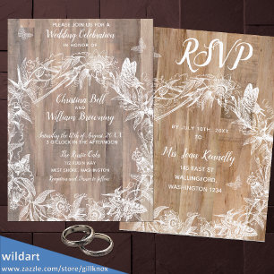 Invitación DELICADO Wreath White Butterfly Wood Wedding RSVP