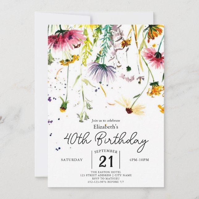 Invitación Delicado y caprichoso Flores silvestres 40 años (Anverso)