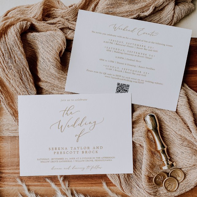 Invitación Delicados eventos Gold Weekend Boda horizontal (Delicate Gold Weekend Events Horizontal Wedding Invitation)