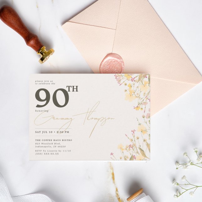 Invitación Delicados flores silvestres rosadas 90 cumpleaños (Subido por el creador)