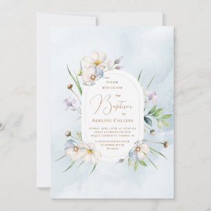 Invitación Delicados floros Baterismo de acuarela azul suave
