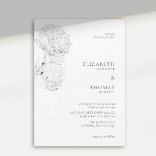 Invitación Delicados Peonies Tinta Black White Elegant Weddin