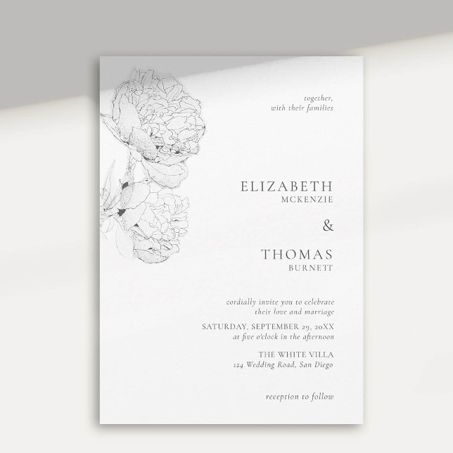 Invitación Delicados Peonies Tinta Black White Elegant Weddin (peony wedding invitation large blooms ink sketch black white formal elegant modern classic)