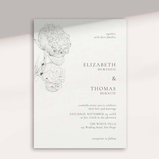 Invitación Delicados Peonies Tinta Marfil Blanco Elegante Bod (peony wedding invitation large blooms ink sketch ivory white formal elegant modern classic)