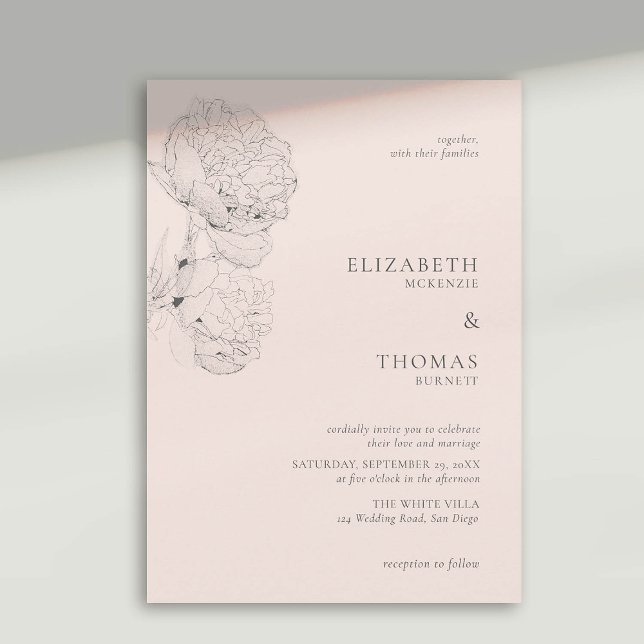Invitación Delicados Peonies Tinta Peach Pink Elegant Wedding (peony wedding invitation large blooms ink sketch peach pink formal elegant modern classic)