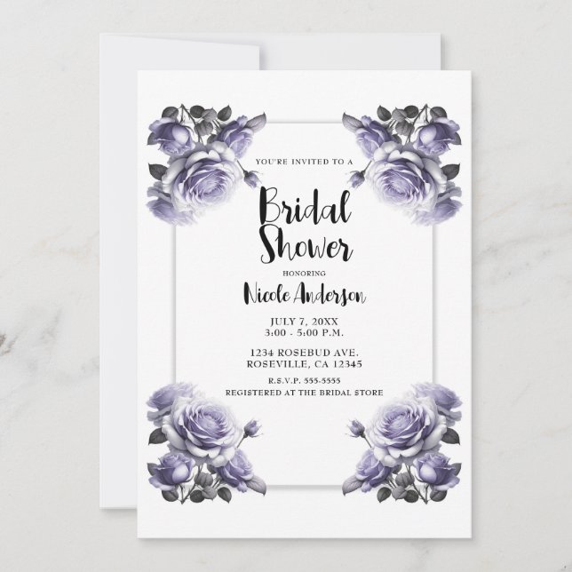 Invitación Delicados Rosas de Lavanda Violeta Ducha Bridal (Anverso)