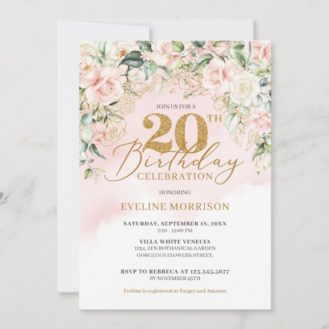 Invitación Delicados rosas rosa claro oro verde 20 años (Anverso)