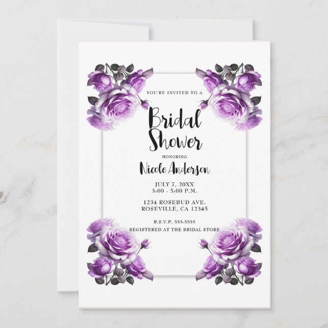 Invitación Delicados Rosas violetas violetas duchas de novias (Anverso)