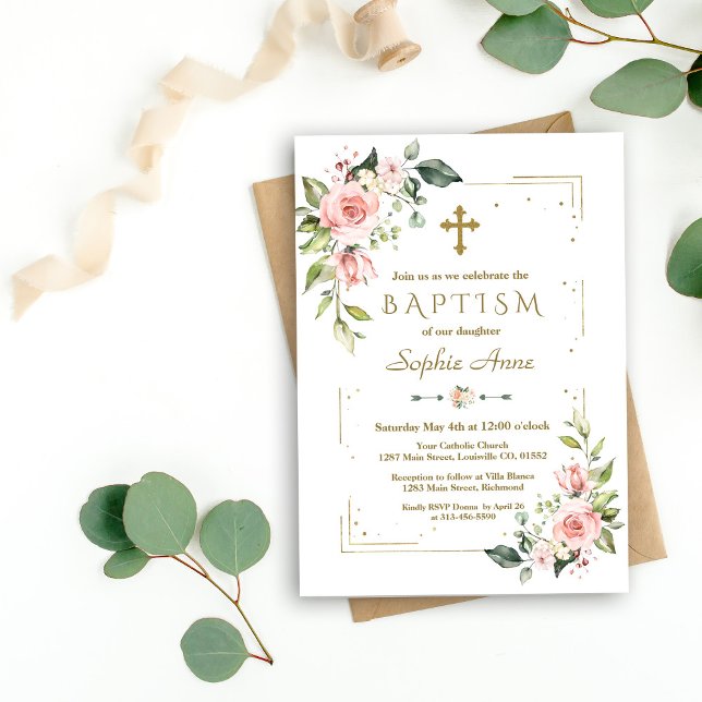 Invitación Delicados Rubor rosados florecen con el bautismo P (baptism pink flowers gold confetti, trendy rose gold baptism invitation, modern gold floral invite)