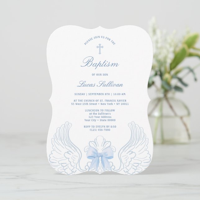 Invitación Delicate Angel Wings Blue Bow Baptism (Anverso de pie)