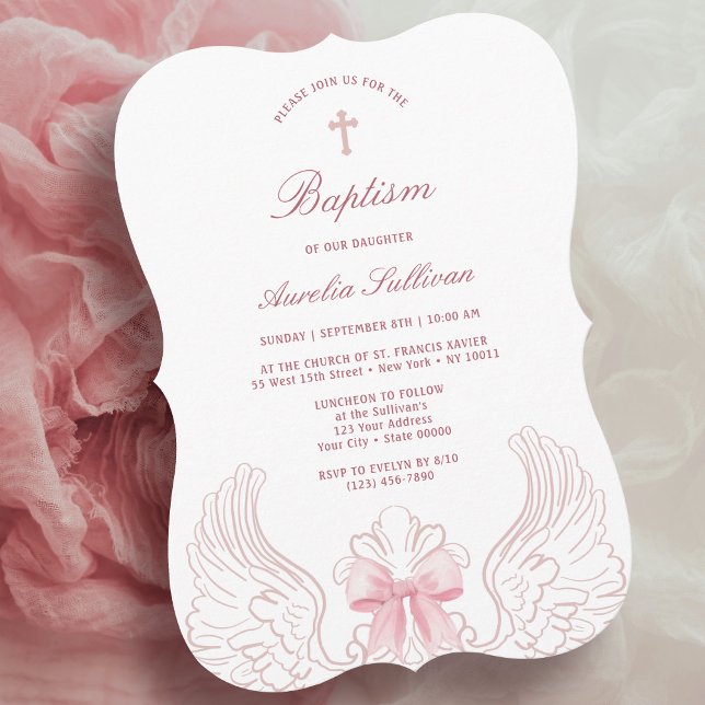 Invitación Delicate Angel Wings Pink Bow Baptism (Subido por el creador)