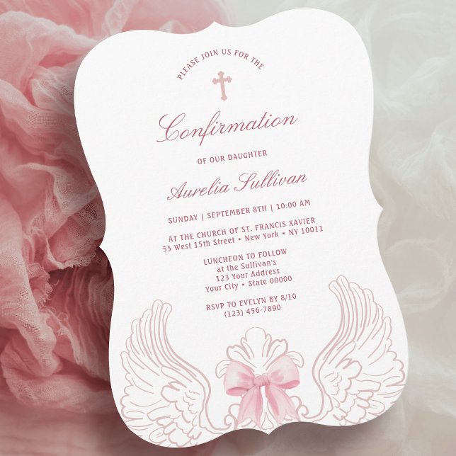 Invitación Delicate Angel Wings Pink Bow Confirmation (Subido por el creador)