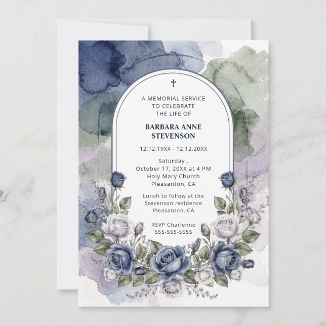 Invitación Delicate Arch Blue Green Floral Watercolor Effect  (Anverso)