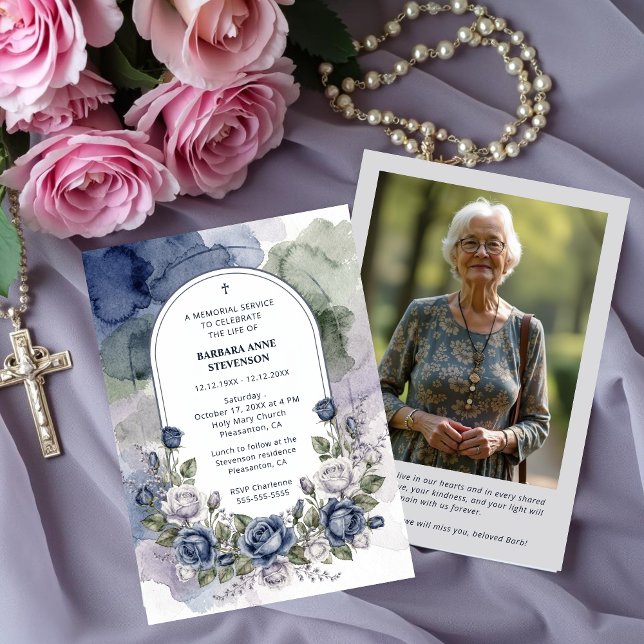 Invitación Delicate Arch Blue Green Floral Watercolor Effect  (Delicate Blue and Green Floral Watercolor Effect Arch Funeral Invitation Design with Back Photo.)