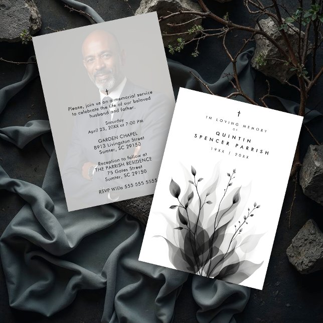 Invitación Delicate Black & White Overlapping Leaves & Flower (Delicate Black & White Overlapping Leaves & Flowers Memorial Invitations Cards with Back Photo. )