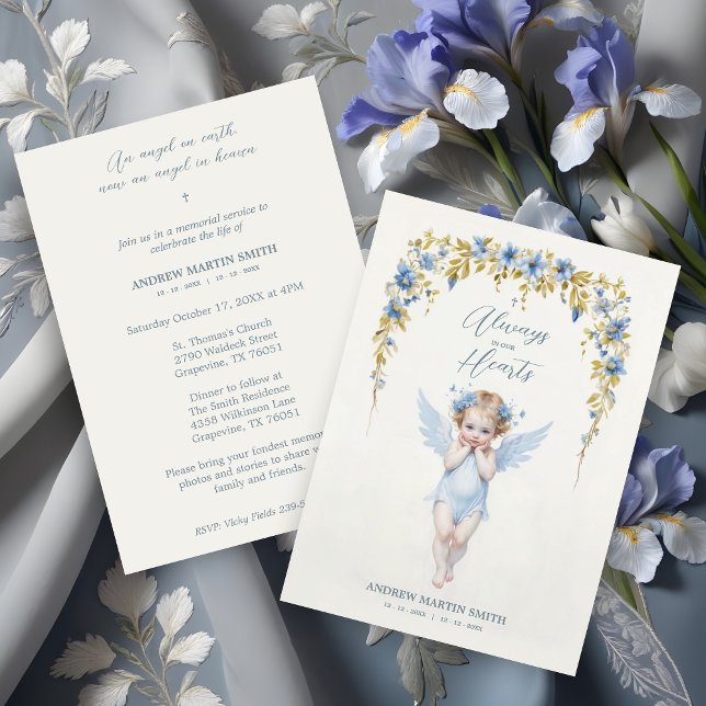 Invitación Delicate Blue Angel Condolence Remembrance Babies (Delicate Blue Angel Condolence Remembrance for Baby's Funeral Invitations Cards. )