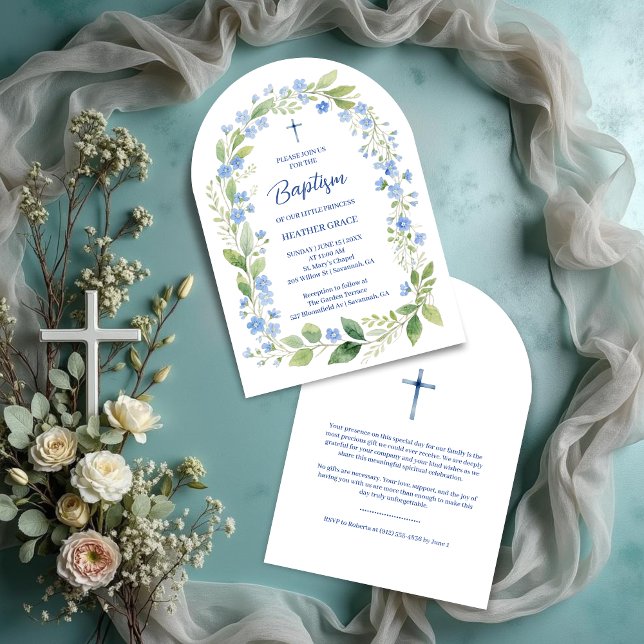 Invitación Delicate Blue Shades Floral Frame Arch Baptisme (Delicate Digital Watercolor Blue Shades Floral Frame Arch Shape Baptism Invitation Cards. )
