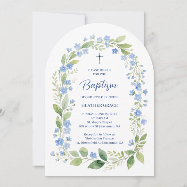 Invitación Delicate Blue Shades Floral Frame Arch Baptisme (Anverso)