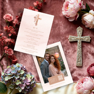 Invitación Delicate Blush Glitter Christian Cross Wedding
