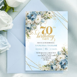 Invitación Delicate boho blue florals gold frame 70 birthday
