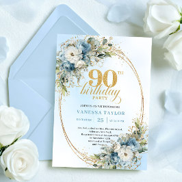 Invitación Delicate Boho Dusty Blue Floral Gold 90th Birthday