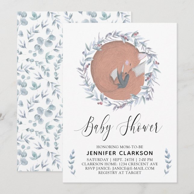 Invitación Delicate Botanical Fox Baby Shower (Anverso / Reverso)
