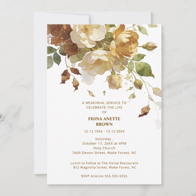Invitación Delicate Brown & Marfil Botanical Floral Funeral (Anverso)