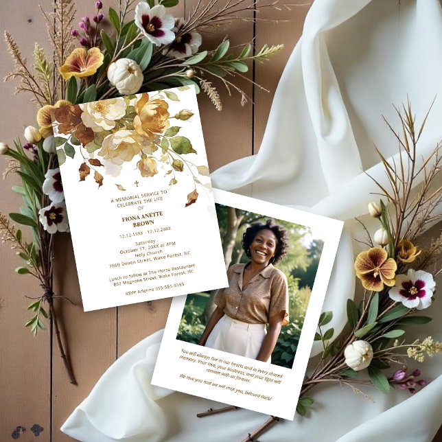 Invitación Delicate Brown & Marfil Botanical Floral Funeral (Delicate Brown and Beige Botanical Floral Funeral Invitation Design with Back Photo. )