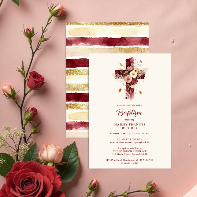 Invitación Delicate Burgundy Floral Christian Cross Baptism (Delicate Burgundy Glitter Effect Floral Christian Cross-Shape Baptism Invitation Card Design.)