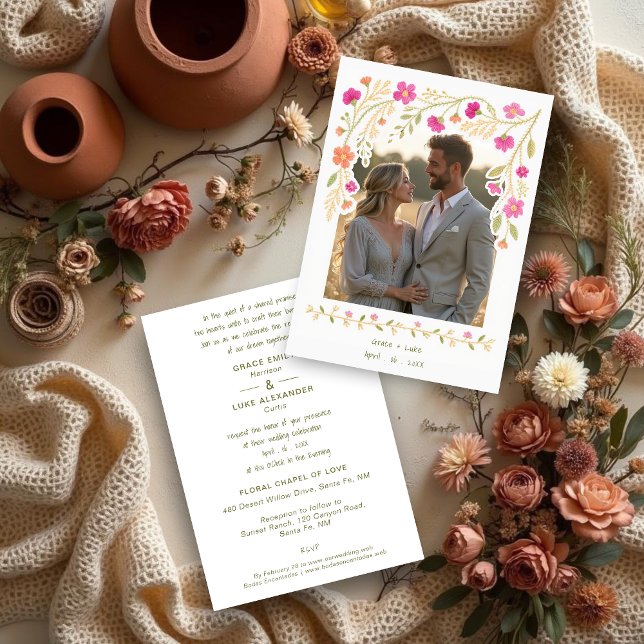 Invitación Delicate Colorful Floral Border Mexican Embroidery (Delicate Colorful Floral Border Mexican Embroidery-Inspired Wedding Invitations Cards with Photo.)