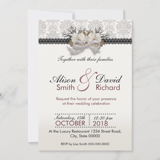 Invitación Delicate crystals bow with black lace (Anverso)