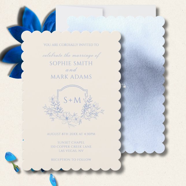 Invitación Delicate Dusty Blue Floral Monogram Crest Wedding (Subido por el creador)