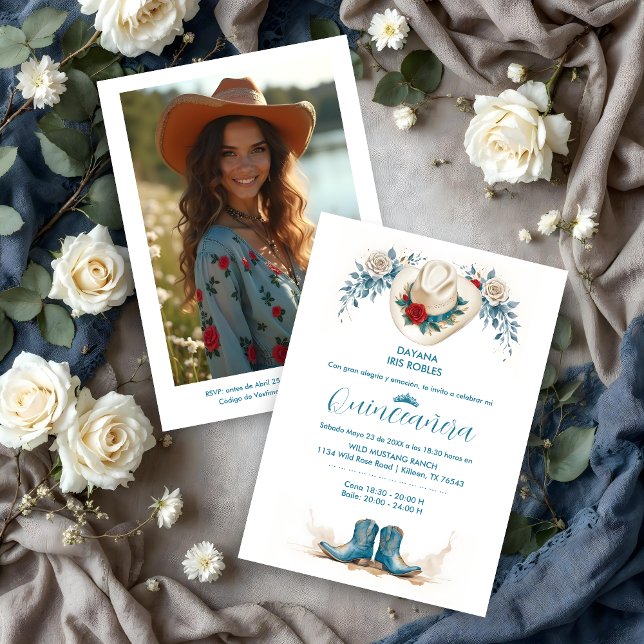 Invitación Delicate Elegant Coastal Cowgirl Boots & Hat XVs (Delicate Elegant Coastal Cowgirl Boots & Hat Quinceañera Invitation Cards.)