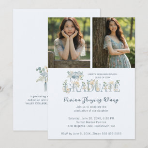Invitación Delicate Ethereal Blue Floral 2 Photo Graduation
