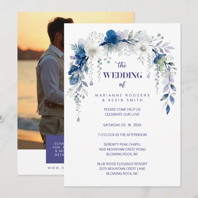 Invitación Delicate Floral Botanical Arch Blue Shades Wedding (Anverso / Reverso)